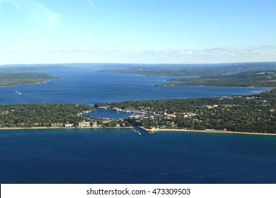 Aerial View Of Lake Charlevoix, Michigan, A Popular Summer Vacation Destination.