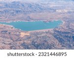 Aerial view of the Lake Mathews Reservoir and the Lake Mathews Estelle Mountain Reserve in Riverside, California.