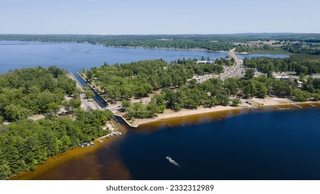 Aerial view of Lake Michell and Lake Cadillac near the town of Cadillac Michigan