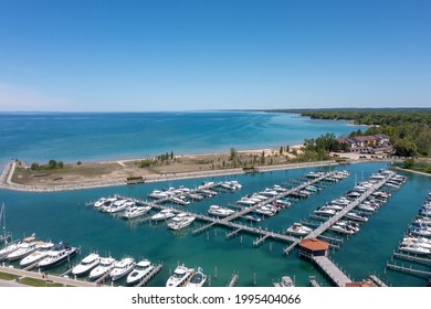 Aerial view of Lake Michigan from Elk Rapids, MI. Photo was taken during the early summertime. Drone Photography from above. - Shutterstock ID 1995404066