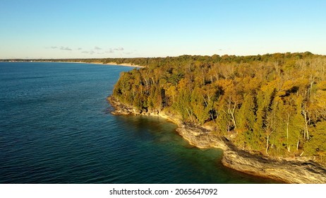 Aerial View Lake Michigan Shoreline In October. Autumn Yellow Orange Foliage. Midwest Parks. Cave Point County Park, Wisconsin