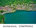 An aerial view of the lake of Riva San Vitale in Ticino, Switzerland