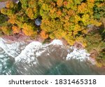 Aerial view of lake superior shore with autumn trees in Michigan upper peninsula