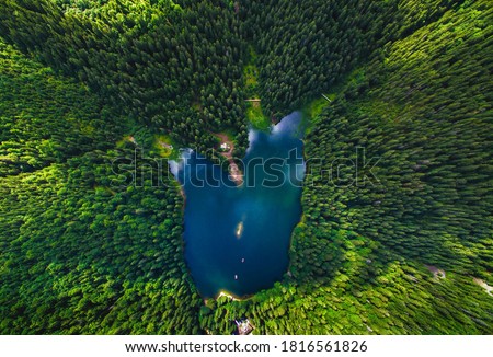 Aerial view of Lake Synevir in the Carpathian Mountains in Ukraine. Synevyr National Nature Park, Carpathians, Ukraine. 
 商業照片 © 