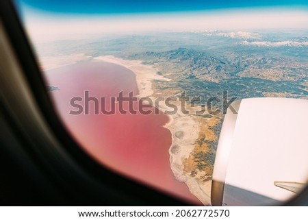 Aerial View Of Lake Urmia From Window Of Plane. Beautiful Lake Urmia Is An Endorheic Salt Lake In Iran. Jezireye Island-Eshek. West Azerbaijan Province, Iran, Kurdistan.