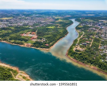 Aerial View Of The Landmark Of The Three Borders (hito Tres Fronteras), Paraguay, Brazil And Argentina In The Paraguayan City Of Presidente Franco Near Ciudad Del Este.
