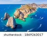 Aerial view of Lands End and the Arch of Cabo San Lucas, Baja California Sur, Mexico, where the Gulf of California meets the Pacific Ocean