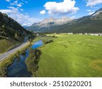 Aerial view of landscape around Sils lake, Upper Engadine Valley, Switzerland.