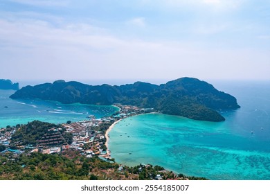 Aerial view landscape longtail boat on Phi Phi island from drone, travel landmark of Thailand. - Powered by Shutterstock