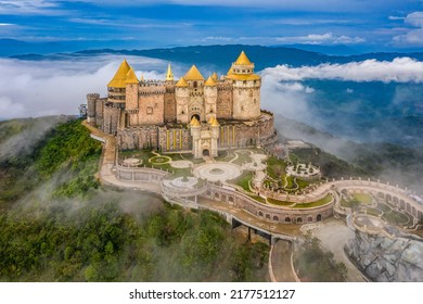 Aerial view of landscape is lunar castles covered with fog at the top of Bana Hills, the famous tourist destination of Da Nang, Vietnam. Near Golden bridge. Panorama - Shutterstock ID 2177512127