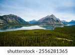 Aerial view landscape of Rocky mountains with lake and pine forest in national park at British Columbia, Canada