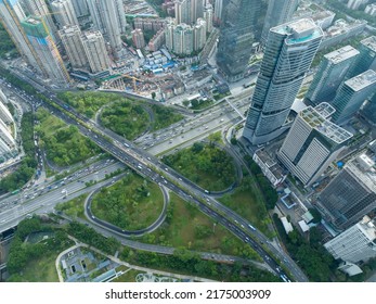 Aerial View Of Landscape And Rush Hour Traffic In Downtown Of Shenzhen City, China,Hyperlapse