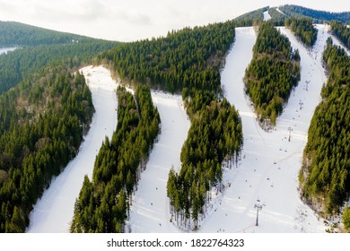 Aerial view of landscape of ski and snowboard slopes through pine trees going down to winter resort in Carpathians. - Powered by Shutterstock