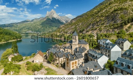 Aerial view of Lanuza village in the Tena Valley, Huesca province, Spain. Magnificent view of the medieval village in the Spanish Pyrenees mountains.