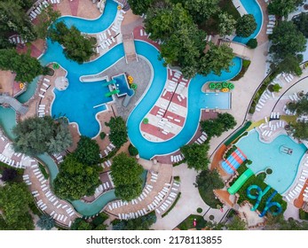 Aerial view of a large and empty Water park with various Water slides and pools. Albena, Bulgaria