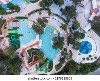 Aerial View Of A Large And Empty Water Park With Various Water Slides And Pools. Albena, Bulgaria