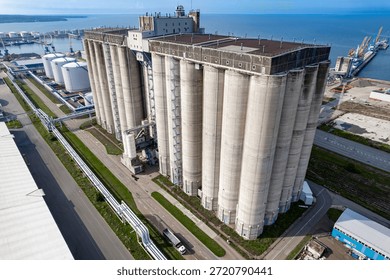Aerial view of a large grain elevator at a seaport