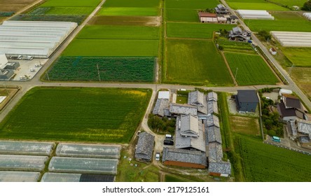 Aerial view of large Japanese home surrounded by rice fields - Shutterstock ID 2179125161