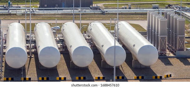 Aerial View Of Large 
Liquefied Natural Gas Storage Tanks.
