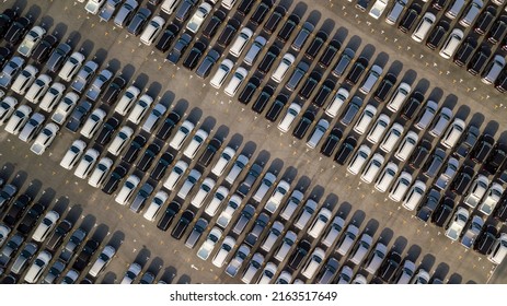 Aerial View Of Large Number Stopping Cars, New Cars Dealer Inventory Logistic Import Export Business Commercial Vehicle Industry, Aerial View New Car Lined Up In The Port