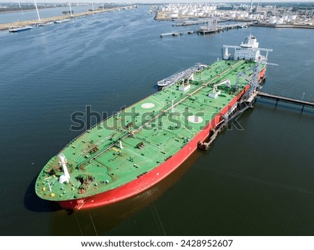 Aerial view of a large oil tanker in the port of Rotterdam