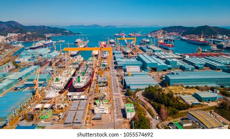 Aerial view  of large shipyard located in the bay, South Korea.