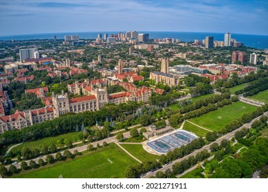 Aerial View of a large University in the Chicago Neighborhood of Hyde Park