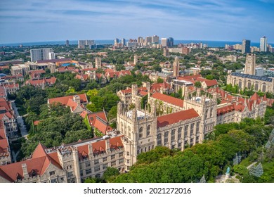 Aerial View of a large University in the Chicago Neighborhood of Hyde Park