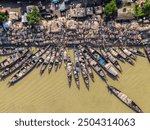 Aerial view of the largest jute market of Bangladesh is located in Guthaile of Jamarpur district. Farmers of some nearby villages come to sell their jute in the market in boats.