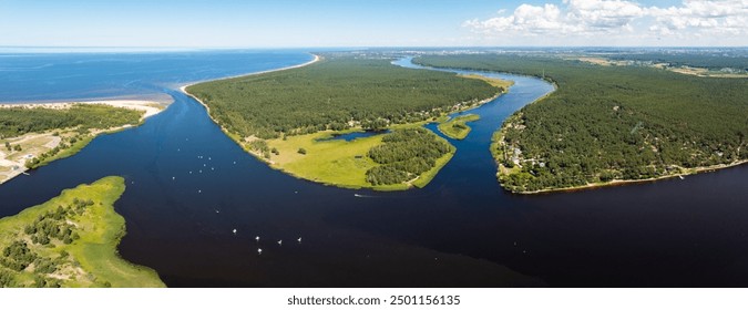 Aerial view of Latvia landscape with Lielupe River and Gulf of Riga in  Baltic Sea - Powered by Shutterstock