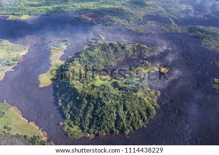 Aerial view of lava flows from the eruption of volcano Kilauea on Hawaii, May 2018