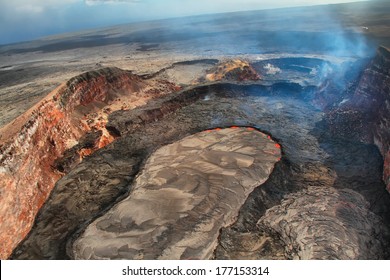 Aerial View Of Lava Lake Of Puu Oo Crater Of Kilauea Volcano In Big Island, Hawaii