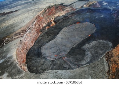 Aerial View Of Lava Lake Of Puu Oo Crater Of Kilauea Volcano In Big Island, Hawaii