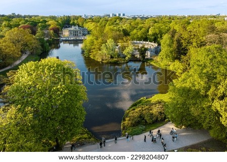 Aerial view of Lazienki Park in Warsaw, Poland on a sunny afternoon
