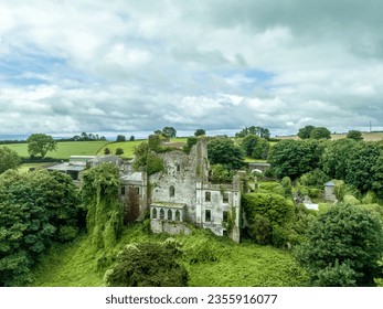 Aerial view of Leap Castle with ruined donjon and castle garden - Shutterstock ID 2355916077