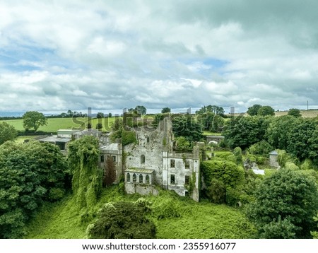 Aerial view of Leap Castle with ruined donjon and castle garden