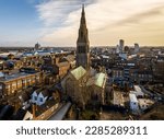 Aerial view of Leicester cathedral in Leicester, a city in England’s East Midlands region, UK