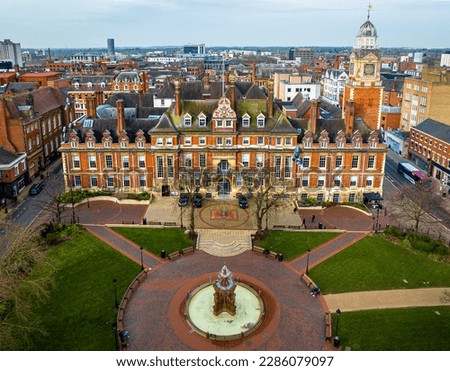 Aerial view of Leicester Town hall in Leicester, a city in England’s East Midlands region, UK