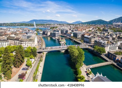 Aerial view of Leman lake -  Geneva city in Switzerland