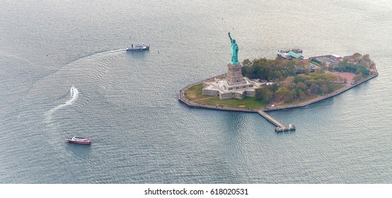 Aerial View Of Liberty Island, New York City.