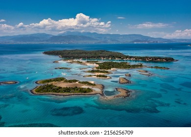 Aerial view Lichadonisia which is island popular and boat trippers  the Greek Bahamas  in North Euboea  Greece 