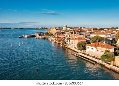 Aerial view of the Lido de Venezia island in Venice, Italy. The island between Venice and Adriatic sea.