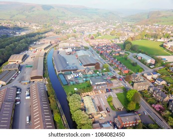 Aerial view of light industrial units, Mytholmroyd, Calderdale, West Yorkshire, UK