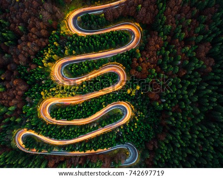 Aerial view of light trails on a winding road through the forest at night