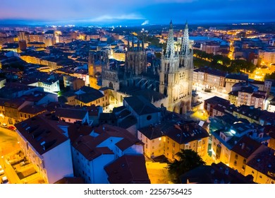 Aerial view of lighted night Burgos with Gothic Catholic Cathedral, Spain - Powered by Shutterstock