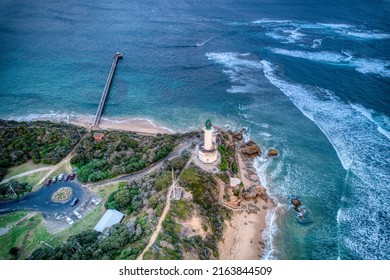 Aerial view of the lighthouse and pier at Point Lonsdale. Victoria, Australia. May 2022