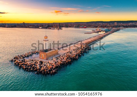 Aerial view of lighthouse at sunset in Varna, Bulgaria.
