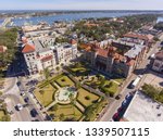 Aerial view of Lightner Museum with Spanish Renaissance Revival style and Matanzas River in St. Augustine, Florida FL, USA.