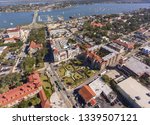 Aerial view of Lightner Museum with Spanish Renaissance Revival style and Matanzas River in St. Augustine, Florida, USA.