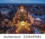 Aerial view of Timisoara’s lights and decorations for the Christmas Market. Photo taken on 10th of December 2022 in Timisoara, Timis county, Romania.